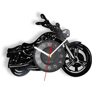 Smotly Vinyl Wanduhr Motorrad Form mit LED Nachtlicht Funktion Wanduhr Geschenk für Autoliebhaber Wohnkultur (Schwarz)