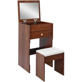 Schminktisch Klein 3 in 1 Schminktisch mit Hocker Versteckt & Gepolstert Klappspiegel Eckschminktisch mit 1 Schublade Eck Schminktisch Schminkspiegel Frisiertisch Kosmetiktisch Schminkkommode (Braun)