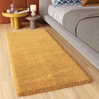 TAPISO Essence Teppich Läufer Flur Brücke Shaggy Hochflor Langflor Senfgelb Gelb Einfarbig Weich Modern Design Korridor Schlafzimmer ÖKOTEX 80 x 250 cm