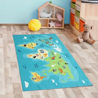 CARPETIA Läufer Vorleger Teppich für Kinder Tiere & Kontinente Weltkarte türkis-blau, 80 x 150 cm