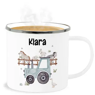 Emaille Becher Blechbecher - Bauernhof Traktor Tiere mit Namen Landwirtschaftlicher Tiermotiv Bauernhoftieren - 300 ml - Weiß Silber - personalisierte tasse kita traktoren kuh trinkbecher