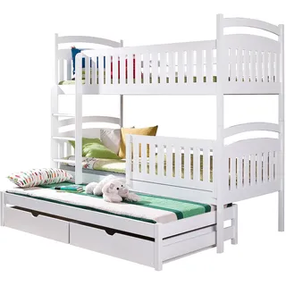KEF Sofia Etagenbett Kinder 80x170 cm - Etagenbett 3 Personen - Holz Kinderbett - für DREI Kinder - mit Schubladen - Ausziehbares Drittes Bett - mit Matratze - Weiß - Leiter Links