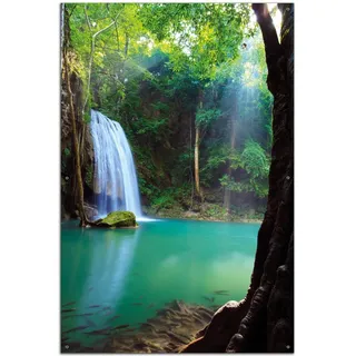Wallario Outdoor-Poster für Garten oder Balkon Wasserfall im Wald am See Idylle in Thailand, Motivbanner Größe: ca. 60 x 90 cm, Outdoor-Bild