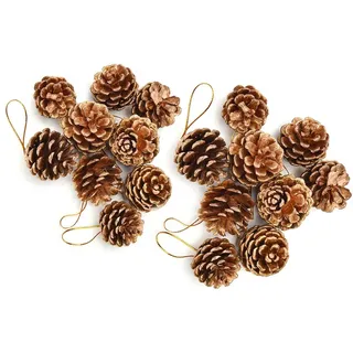 Pveath Weihnachtsschmuck Tannenzapfen,18 Stück Tannenzapfen Natürliche Ornamente mit Schnüren Party Hanging Crafts Gold/Silber Farben für Christbaumschmuck, 2 Größe Weihnachten Tannenzapfen (Gold)