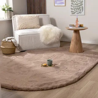 FRAAI | Home & Living Hochflor Teppich Oval - Comfy Supreme Taupe - 100x152cm - Einfarbig - Modern, Skandinavisch - Wohnzimmer, Schlafzimmer - Fellteppich