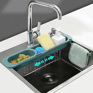 SEIYOGDS Teleskop-Ablaufregal für Spülbecken, Spülbecken Aufbewahrung Regal, Erweiterbarer Abflusskorb, einziehbares Filternetz-Rack, Kitchen Organizer waschbecken für Spülbürsten,Lappen & Schwämme