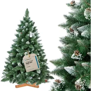 Fairytrees Künstlicher Weihnachtsbaum FT04, Kiefer Natur-Weiss beschneit, mit echten Tannenzapfen und Echtholz Baumständer grün 150 cm
