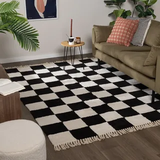 Teppich Kariert - Blox Fringe Schwarz Weiß - 140x200 cm - Baumwolle, Polyester - Hochflor - Blöcke, Kariert - Waschbar in Waschmaschine - Modern - Wohnzimmer, Schlafzimmer, Büro, Jugendzimmer