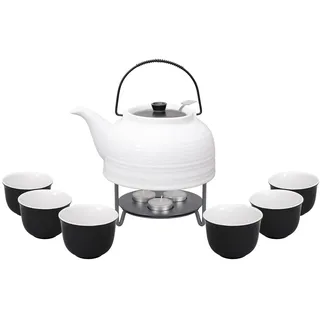 Teeset / Teeservice Nelly: Teekanne + 6 Teetassen / Teecups in weiß + Stövchen