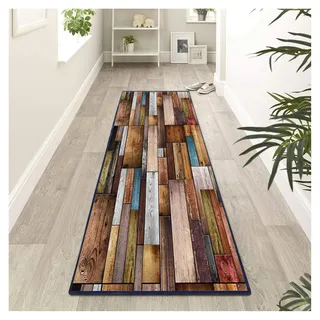 Siunwdiy Teppich Läufer Flur 90X100cm Holzoptik mit Vintage Muster, rutschfest Robust Waschbar Kücheteppich Teppichläufer, Lange Carpet für Flur Schlafzimmer Wohnzimme, Polyester Kurzflor