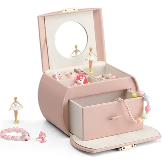 Vlando Schmuckkästchen für Mädchen mit Schublade, Spieldose mit Ballerina und Aufklebern zur Zimmerdekoration, Geschenke für Mädchen und Jungen, Rosa
