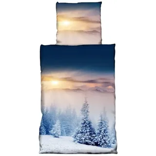Leonado Vicenti Bettwäsche Winter flauschig warm, Fleece, 2 teilig, Thermofleece kuschelig weich, Winterlandschaft blau|gelb