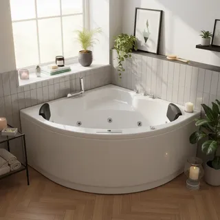 Indoor Whirlpool Eckbadewanne 130x130 cm, 21 Massagedüsen Heizung LED, Einbau für 2 Personen, Glasfaser-Acryl, Caribia RIO Deluxe, Made in Germany