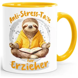 MoonWorks Tasse Kaffee-Tasse Geschenk Erzieher Anti Stress Bürotasse Faultier Lustig, Keramik gelb