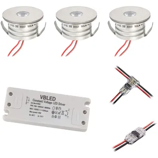 VBLED® 3er Set 3W Mini-Einbauspot Einbaustrahler warmweiß 3000K IP44 12V DC Warmweiss Inkl.LED Trafo und Verbinder Unbegrenzte Möglichkeiten: Terrasse, Bad, Wohnbereich [Energieklasse A+]