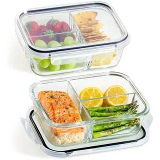 Praknu Meal Prep Boxen Glas 3 Fächer - Glasdosen 2er Set mit Deckel 1000ml – luftdicht | BPA-Frei - Gefrierschrank & Mikrowellengeeignet - Transparent