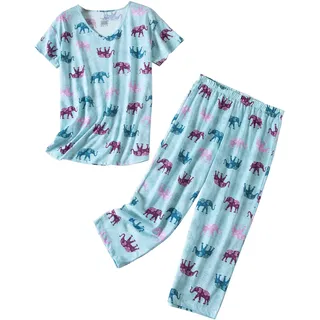 PNAEONG Damen-Pyjama-Set, Nachtwäsche, Oberteil mit Caprihose, lässiger und lustiger Aufdruck, Blauer Elefant, 3XL - 3XL