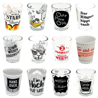 12 Schnapsgläser mit Motiv und Sprüchen|lustiges Schnapsglasset|Shotgläser-Set|Party-Shots|Spaßgläser|Trinkspiel|Stamperl|Tequilaglas|Studentenparty|Silvester|lustiges Geburtstagsgeschenk (12er Set 1)