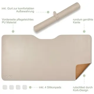 HOKO Schreibtischunterlage Handgelenkauflage mit Buchstopper, (Schreibunterlage, mit Aufbewahrungsrolle, Gurt, 4 Silikonpads und Kork-Design, wasserfeste PU-Oberfläche, rutschhemmende Rückseite, Beige, MOMO) 30 cm