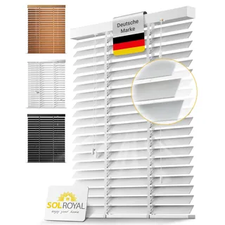 Sol Royal Holzjalousie 50 mm Lamellen extra breit Massivholz Echtholz Rollo | 80x180cm Weiß Fensterjalousie Holzrollo einfache Montage Wand Decke Blickschutz Jalousie Fenster Tür innen BE5