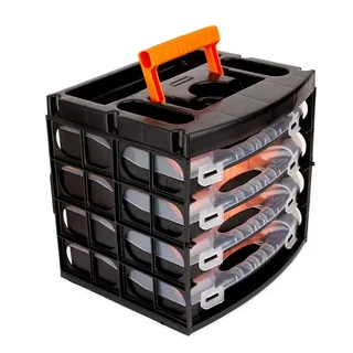BigDean Sortierkasten Werkzeugkoffer 4 Schubladen Schwarz/Orange/Transparent