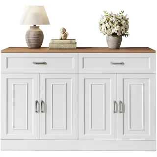 OKWISH Sideboard Holz+Weiß 120x35x80 cm mit verstellbaren Einlegeböden, Soft-Close-Scharniere, Kippschutz, 4 Türen und 2 Schubladen für zusätzlichen Stauraum