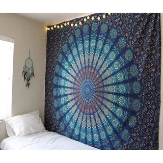 RAJRANG BRINGING RAJASTHAN TO YOU: Große Wandteppiche - Blau, 228 x 274 cm, Reine Baumwolle, Mandala, Dekorative Wandteppiche für Wohnzimmer