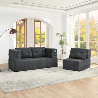 Modulares Wolkensofa Mit Sessel, Schlafsofa Ohne Montage Klappbar, Gästebett & Bodensofa, Verwandlungssofa Mit Seitentaschen An Der Armlehnen-vorderseite Für Handy Und Fernbedienung, Hellgrau