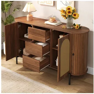 BlingBin Sideboard Beistellschrank mit Schiebetüren & Schubladen, Kommode für Wohnzimmer (1er Set, 1 St., Gesamtabmessungen: 140*38*77,5cm, Gewichtskapazität: 40kg), Anrichte mit Verstellbare Fächer für Esszimmer, Holzoptik, Nussbaum braun