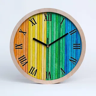 Tulup Holzuhr Wanduhr ⌀ 30cm Uhr Holz Stille Uhren Modern Runde Dekoration Schwarze Uhrzeiger - Bunte Streifen