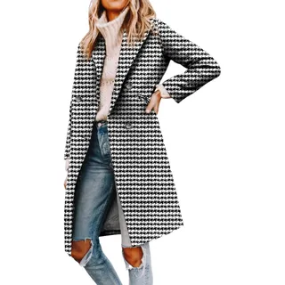 LLECDASEUI Womens Notched Revers Kragen Doppelreihiger Erbsenmantel Winter Wollmischung Über Mäntel Lange Jacken (Hahnentritt A,XXL) - XXL