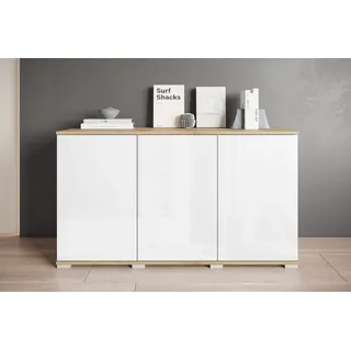 Sideboard OTTO HOME "Kenia, moderne grifflose Kommode mit 3 Türen, Breite 120 cm", weiß (eichefarbe votan, weiß hochglanz), B:120cm H:69,7cm T:39,5cm, Sideboards, Sideboard, Push-to-Open-Fronten, höhenverstellbaren Einlegeböden