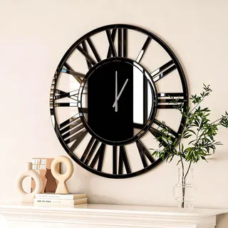 SHYFOY Spiegel-Wanduhr, 80 cm dekorative Wanduhr mit römischen Ziffern, große Wanduhr für Wohnzimmer, batteriebetrieben, Schwarz