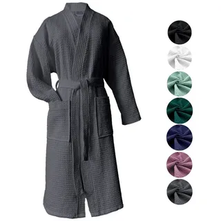 heimtexland Bademantel Reisebademantel Saunamantel Waffelpique Bademantel, Midilänge, Baumwolle, 2 Taschen I Bindegürtel, Gürtel, leicht I atmungsaktiv I kleines Packmaß I 100% Baumwolle grau L