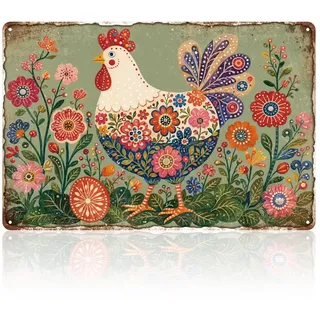 WADORN Vintage Huhn Metall Blech Schilder, 20x30cm Huhn Blume Retro Boho Wand Kunst Lustig Rustikal Bauernhof Hahn Plakat Poster Geschenk für Bauernhaus Zuhause Garten Draußen Hof Terrasse Garage