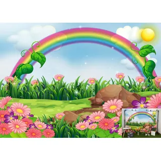 BELECO 2.1x1.5m Stoff Regenbogen und Sonne Hintergrund Bezaubernder Blumengarten mit Regenbogen Cartoon Frühlingsfoto Party Deko Geburtstag Kinder Junge Mädchen Baby