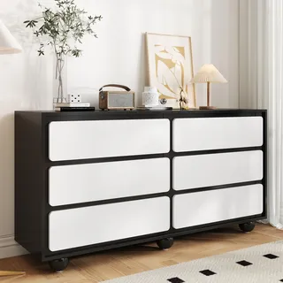 FammyLoft Sideboard Wohnzimmer mit 6 Schubladen, Stilvolle Kommode mit Abgerundete Metallfüße, Modern Wohnzimmerschrank für Esszimmer & Flur, Buffetschrank, Weiß und Schwarz