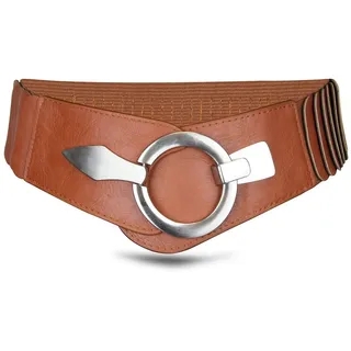 Vanessa & Melissa Taillengürtel Damen Eleganter Gürtel in 6 cm Breite, Vielseitiger Kleidergürtel Elastischer Taillengürtel, Gürtel mit silberner Ring-Schließe braun 75cm (Taillenweite 75-90cm)