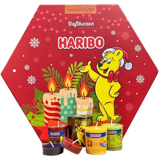 Haribo Adventskalender mit Votives Kerzen & Teelichtern | Exklusive Auswahl an vielfältigen Duftkerzen für Winter & Sommer | Perfektes Geschenkset für eine duftende Vorweihnachtszeit
