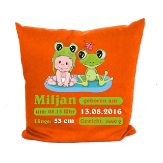 Kissen Bezug Kleiner Fratz & Friends Frosch mit individuellen Geburtsdaten/Geschenk zur Geburt (orange)