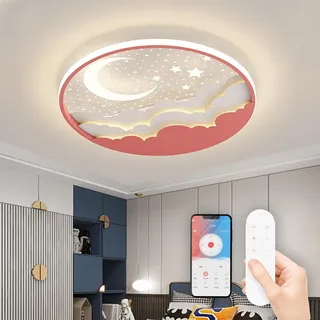 LED Kinder Deckenlampe Stern Mond Deckenlampe, Dimmbar Acryl Deckenleuchte Für Kinder Mit Fernbedienung, Modern Kinderzimmer Deckenbeleuchtung Junge Mädchen Schlafzimmer Deckenleuchte, Rosa 50cm