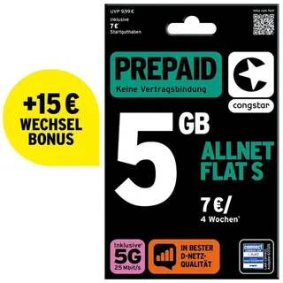congstar Prepaid Allnet S inkl. 15€ Wechselguthaben: 5 GB Datenvolumen & Flatrate für Telefonie und SMS, 5G-Speed, EU-Roaming, SIM Karte, Prepai...