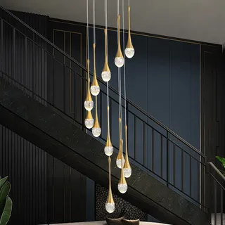 Led-Dimmbarer Kronleuchter,Goldener Regentropfen Kristall Lampe,305 Cm HöHenverstellbarer Wohnzimmer Pendelleuchte, Kronleuchter FüR Foyer,Eingang,Villa Treppenhaus,12 Lichter Pendellampe,60W
