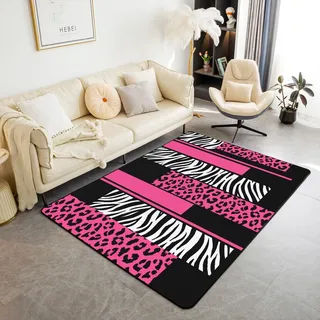 Loussiesd Leopard Zebra Wohnzimmer Teppiche 100x150cm Geparden Rosa Weiß Schwarz Akzent Teppich für Animal Print Indoor Bodenmatte rutschfeste Safari Dekorative Teppich Geometrie