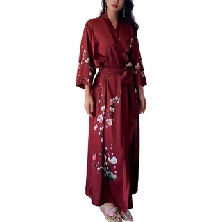 Vivi Idee Morgenmantel Schlafmantel Bademantel kimono lang leicht satin Einheitsgröße, Prunus mume rot