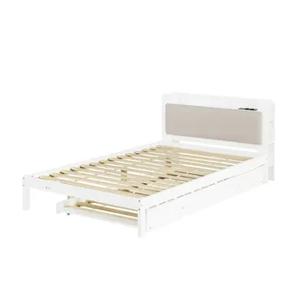 MODFU Funktionsbett Holz Weiß 120x200 cm mit Ausziehbett 90x190 cm, gepolstertem Kopfteil und Ladestation
