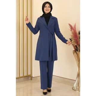 Modavitrini Hosenanzug Damen Zweiteiler – Langarm Long-Sakko mit Hose – Modest Fashion (eleganter Outfit) mit Reverskragen blau 48 (EU 46)