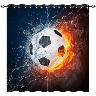 YUANZU Fußball Vorhänge Soccer Ball in Feuer und Wasser Ösen Gardinen mit Blickdichte Vorhang Kälteschutz Blackout Curtain Kinderzimmer Schlafzimmer Verdunkelung Fenster, 2 Stück, H 213 x B 200 cm