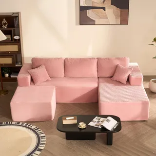 Litbird U-förmiges modulares Ecksofa 272 cm mit Schlaffunktion, rahmenloses Oversize Schlafsofa mit Chaiselongue Links, extra Tiefe Sitzfläche, montagefrei – für Wohnzimmer & Schlafzimmer,Rosa