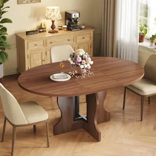 Esstisch Rund Ausziehbar 110-150cm Oval für 4-8 Personen mit Metallrahmen Kreuzpodest (Walnuss) - Braun